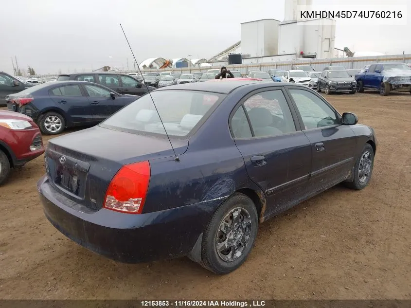 2004 Hyundai Elantra VIN: KMHDN45D74U760216 Lot: 12153853