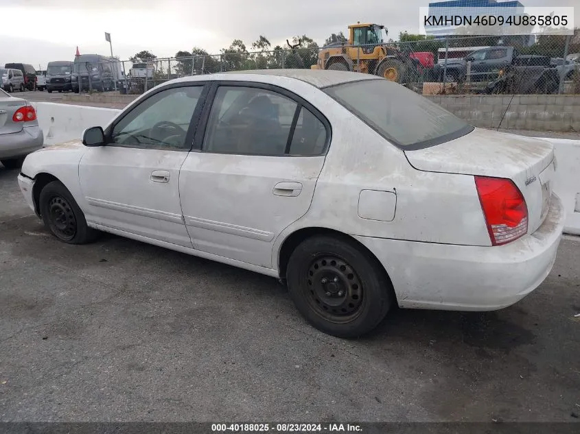 2004 Hyundai Elantra Gls/Gt VIN: KMHDN46D94U835805 Lot: 40188025