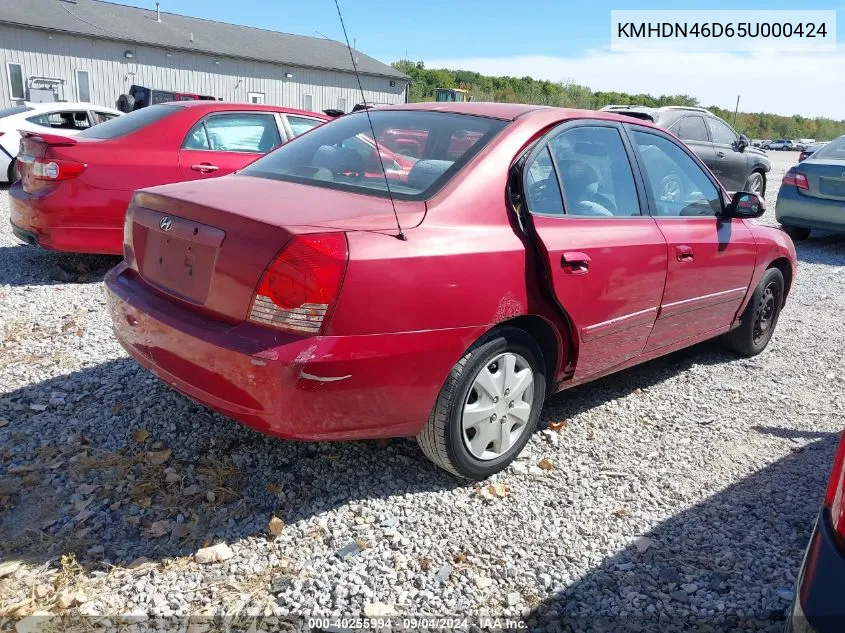 2005 Hyundai Elantra Gls/Gt VIN: KMHDN46D65U000424 Lot: 40255994