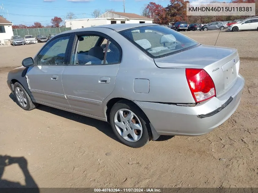 2005 Hyundai Elantra Gls/Gt VIN: KMHDN46D15U118381 Lot: 40763264