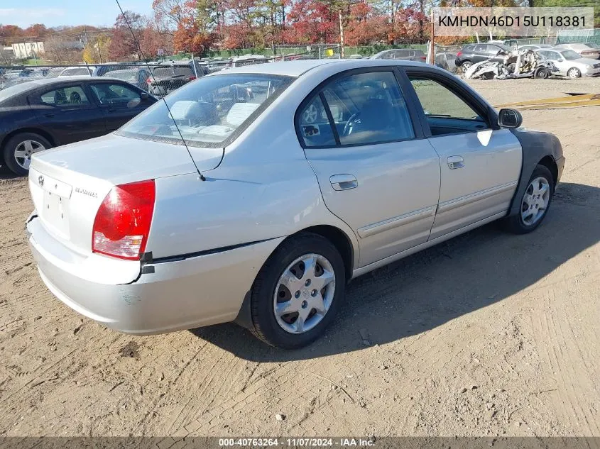 2005 Hyundai Elantra Gls/Gt VIN: KMHDN46D15U118381 Lot: 40763264