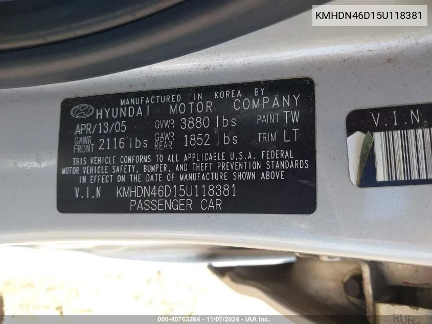 2005 Hyundai Elantra Gls/Gt VIN: KMHDN46D15U118381 Lot: 40763264