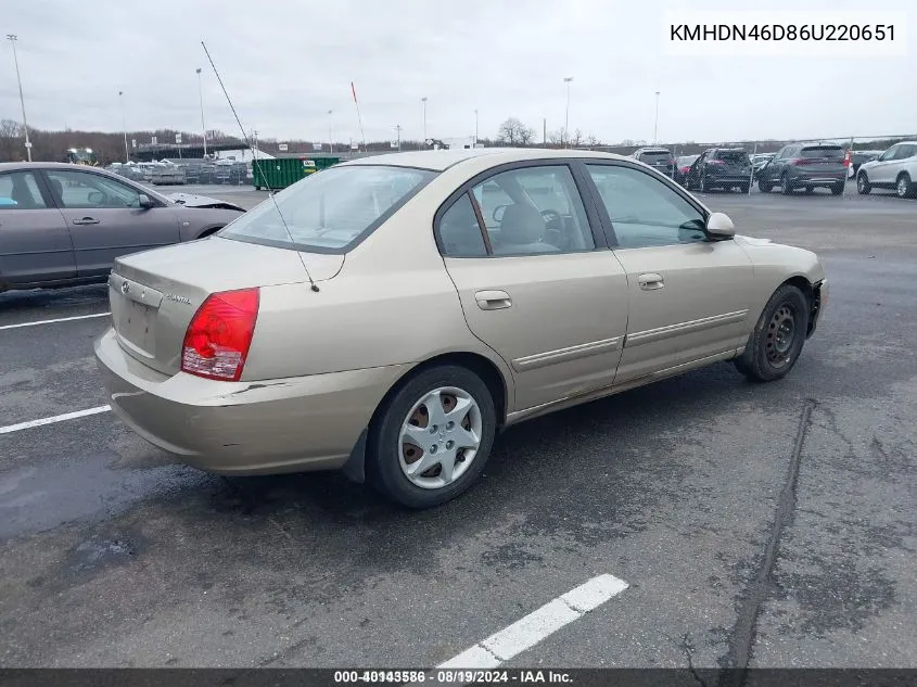 2006 Hyundai Elantra Gls/Limited VIN: KMHDN46D86U220651 Lot: 40143586