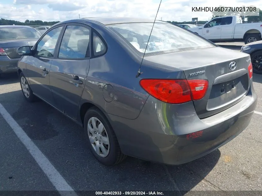 2007 Hyundai Elantra Gls/Limited/Se VIN: KMHDU46D77U021708 Lot: 40402933