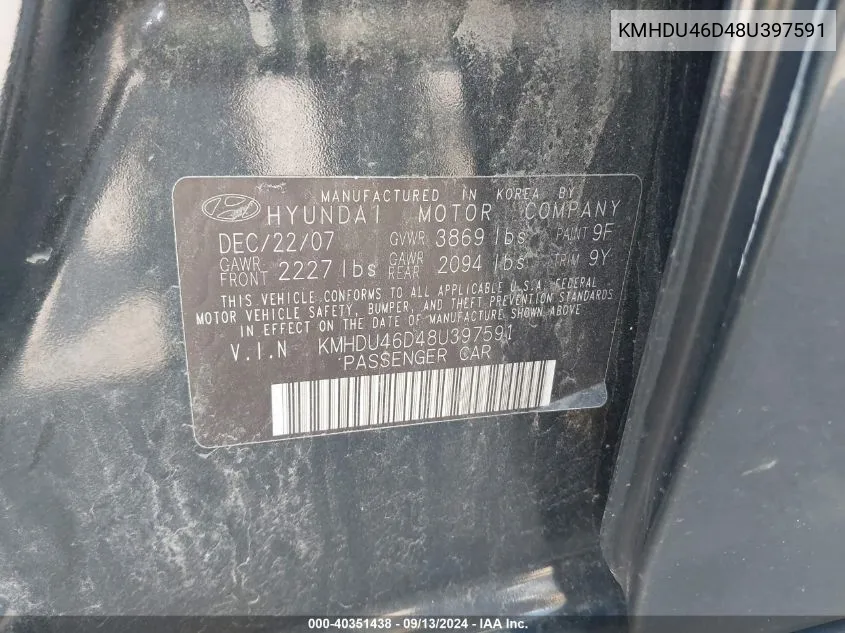 KMHDU46D48U397591 2008 Hyundai Elantra Gls/Se