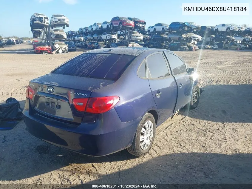 2008 Hyundai Elantra Gls/Se VIN: KMHDU46DX8U418184 Lot: 40618201