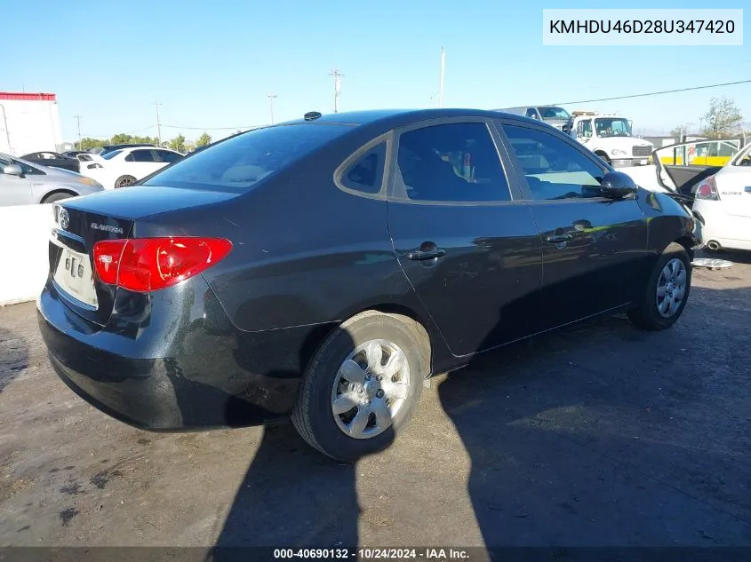 2008 Hyundai Elantra Gls/Se/Limited VIN: KMHDU46D28U347420 Lot: 40690132