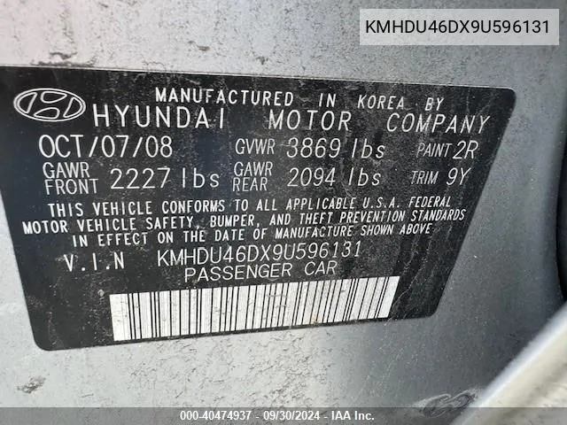 KMHDU46DX9U596131 2009 Hyundai Elantra Se