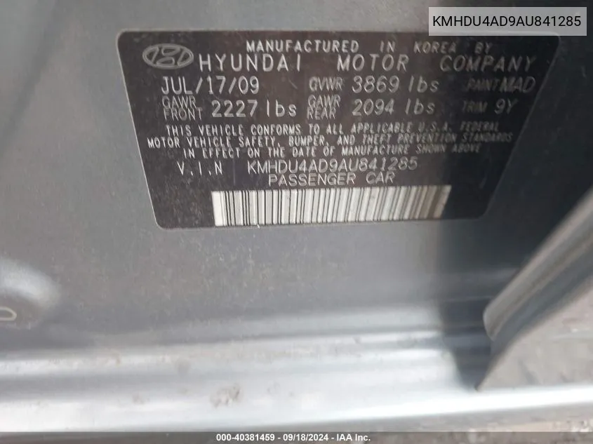 KMHDU4AD9AU841285 2010 Hyundai Elantra Gls