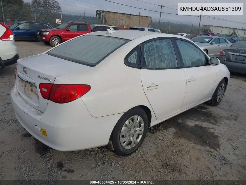 KMHDU4AD3AU851309 2010 Hyundai Elantra Blue/Gls/Se