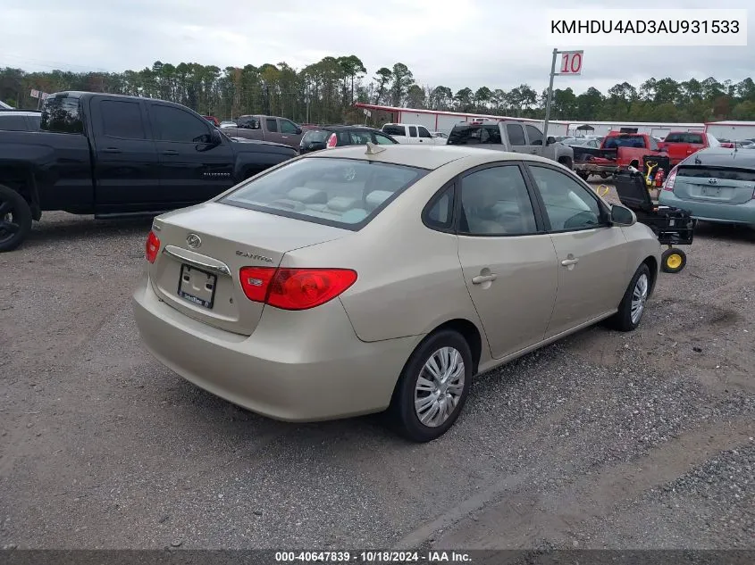 2010 Hyundai Elantra Gls VIN: KMHDU4AD3AU931533 Lot: 40647839