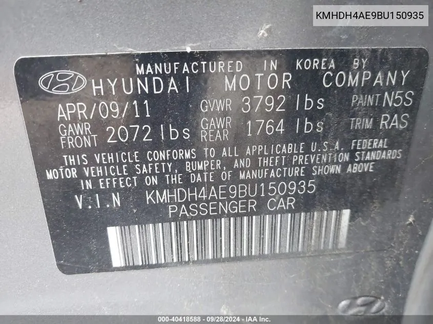 KMHDH4AE9BU150935 2011 Hyundai Elantra Gls (Ulsan Plant)