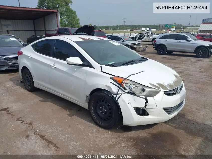 5NPDH4AE0CH149494 2012 Hyundai Elantra Gls Pzev