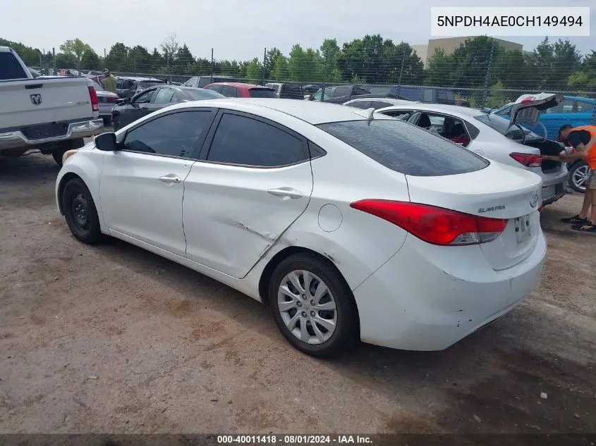 5NPDH4AE0CH149494 2012 Hyundai Elantra Gls Pzev