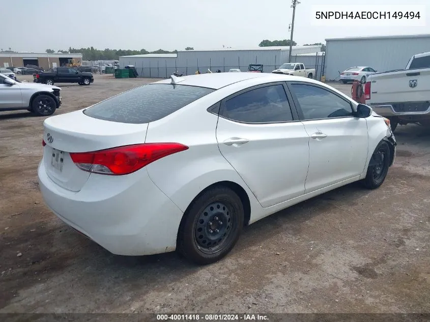 2012 Hyundai Elantra Gls Pzev VIN: 5NPDH4AE0CH149494 Lot: 40011418