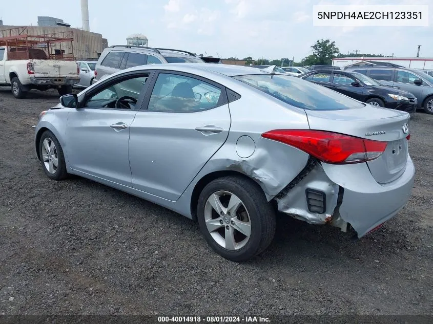 2012 Hyundai Elantra Gls Pzev VIN: 5NPDH4AE2CH123351 Lot: 40014918