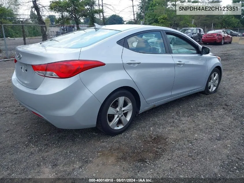 2012 Hyundai Elantra Gls Pzev VIN: 5NPDH4AE2CH123351 Lot: 40014918