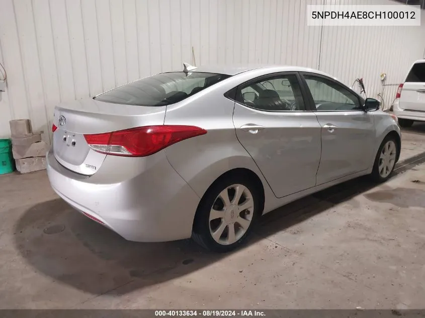 2012 Hyundai Elantra Limited VIN: 5NPDH4AE8CH100012 Lot: 40133634