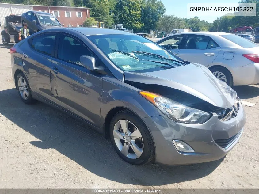 2012 Hyundai Elantra Gls Pzev VIN: 5NPDH4AE5CH103322 Lot: 40239433