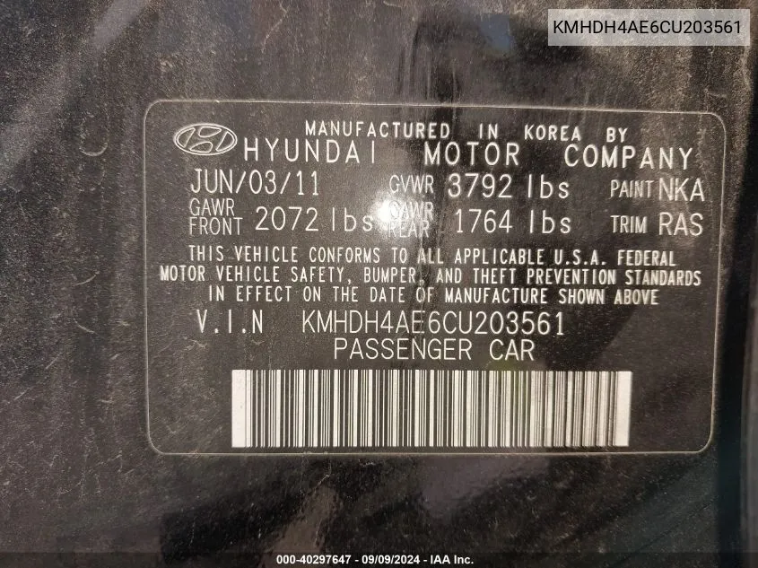 2012 Hyundai Elantra Gls (Ulsan Plant) VIN: KMHDH4AE6CU203561 Lot: 40297647