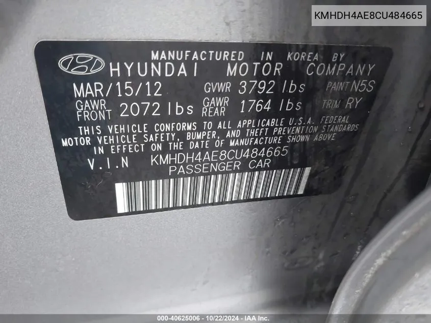 KMHDH4AE8CU484665 2012 Hyundai Elantra Limited (Ulsan Plant)