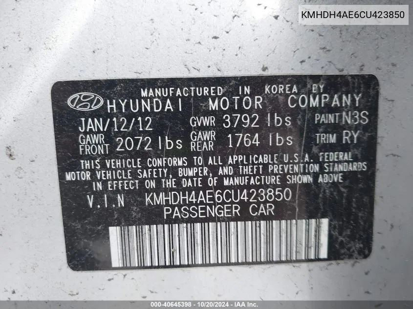 KMHDH4AE6CU423850 2012 Hyundai Elantra Gls/Limited