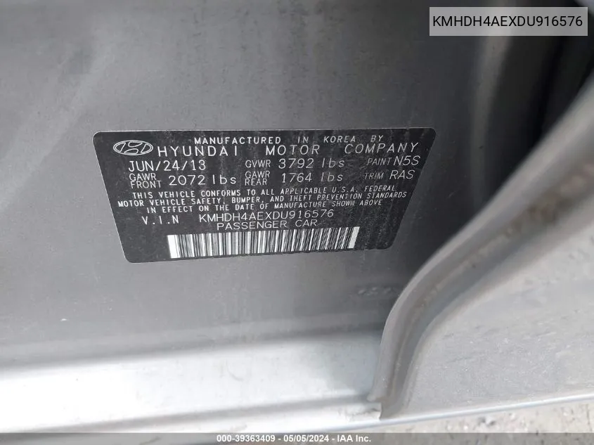 KMHDH4AEXDU916576 2013 Hyundai Elantra Gls