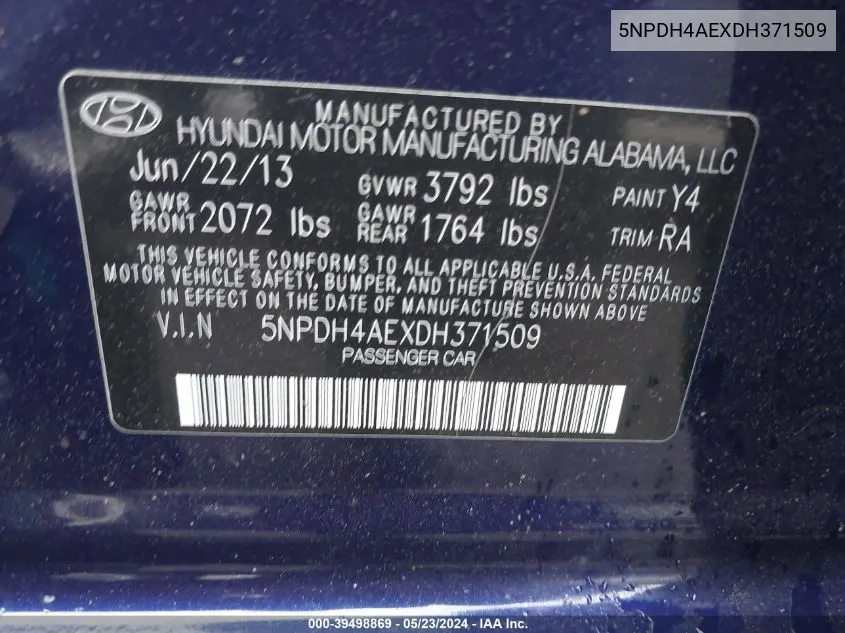 5NPDH4AEXDH371509 2013 Hyundai Elantra Gls