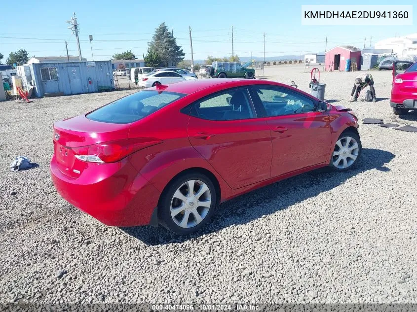 2013 Hyundai Elantra Limited VIN: KMHDH4AE2DU941360 Lot: 40474096