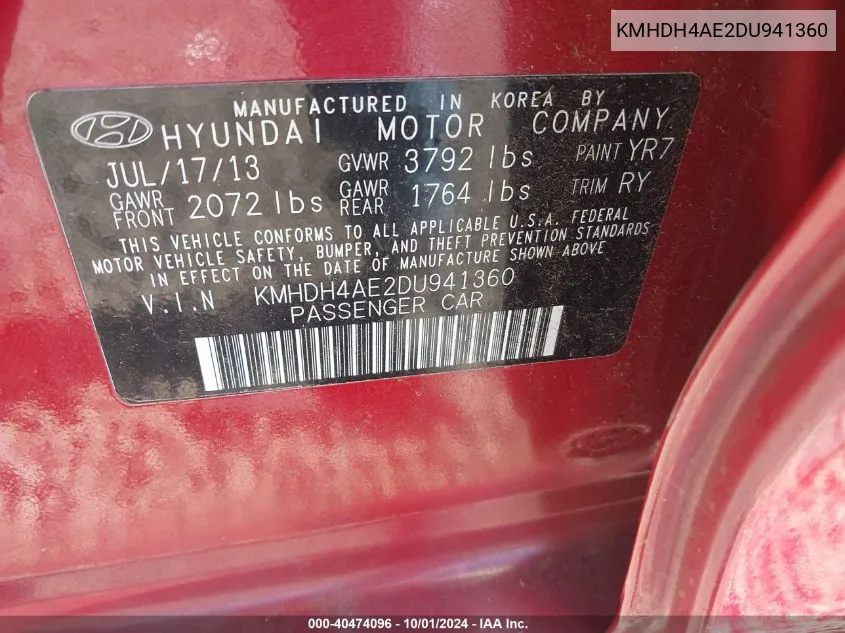 KMHDH4AE2DU941360 2013 Hyundai Elantra Limited