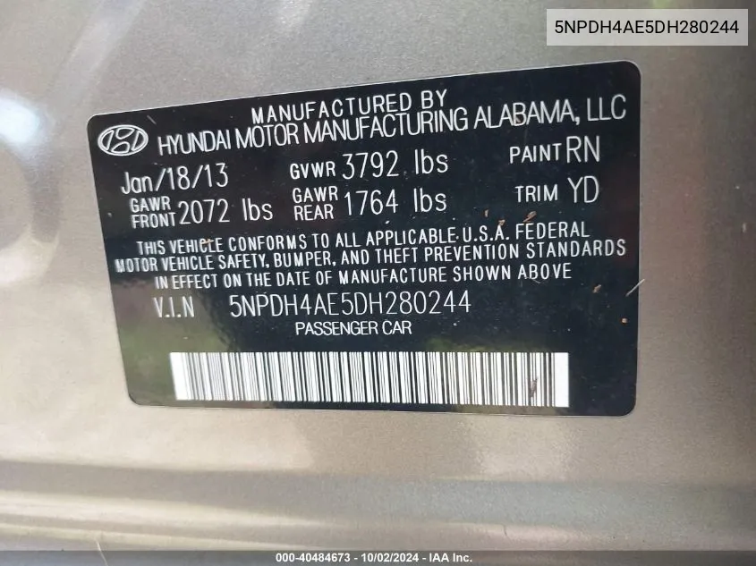 5NPDH4AE5DH280244 2013 Hyundai Elantra Gls