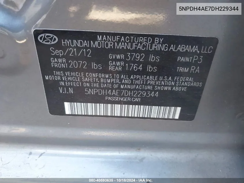 5NPDH4AE7DH229344 2013 Hyundai Elantra Gls