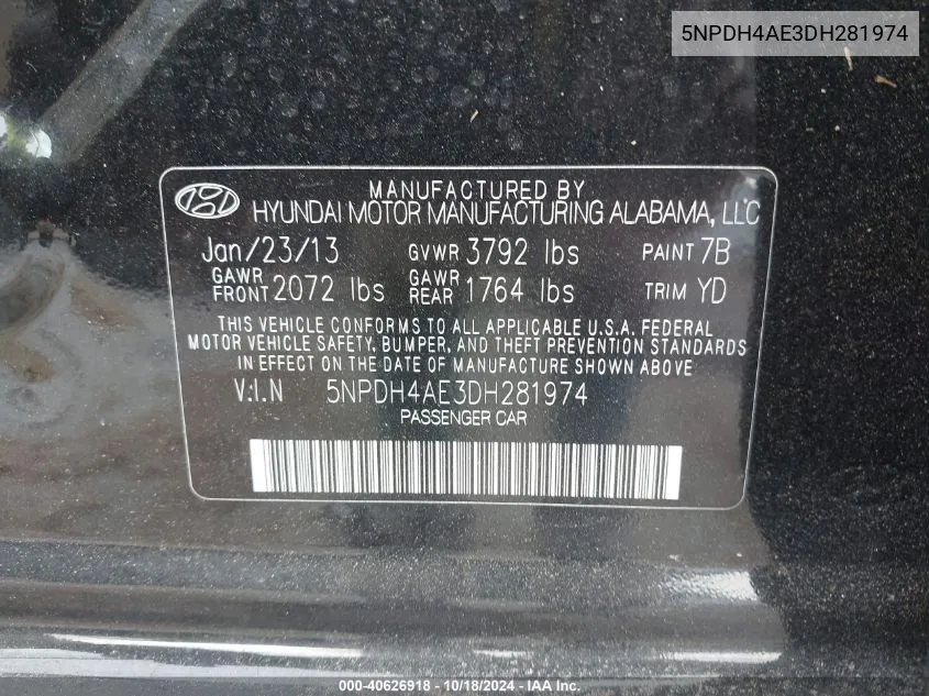 5NPDH4AE3DH281974 2013 Hyundai Elantra Limited