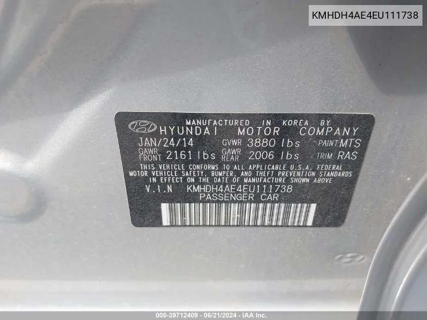 KMHDH4AE4EU111738 2014 Hyundai Elantra Se