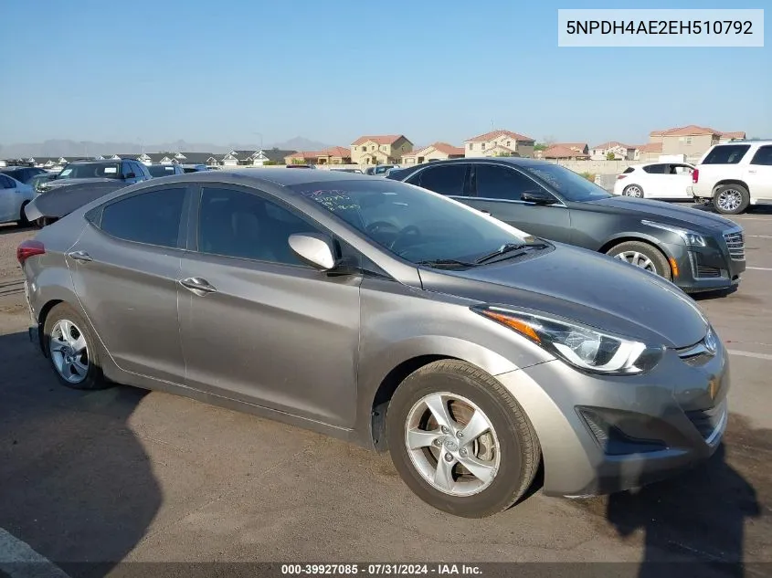 2014 Hyundai Elantra Se VIN: 5NPDH4AE2EH510792 Lot: 39927085