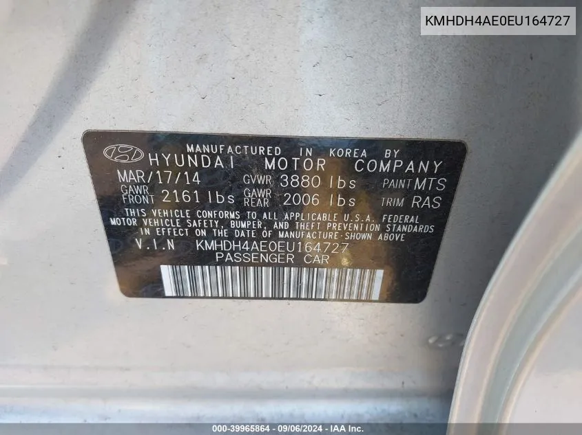 KMHDH4AE0EU164727 2014 Hyundai Elantra Se