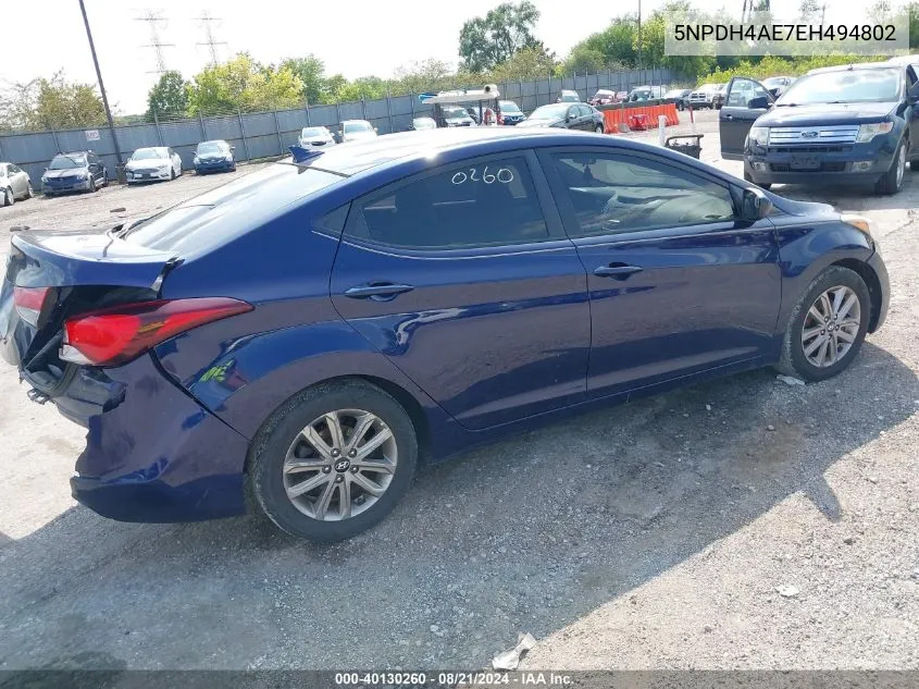 2014 Hyundai Elantra Se VIN: 5NPDH4AE7EH494802 Lot: 40130260