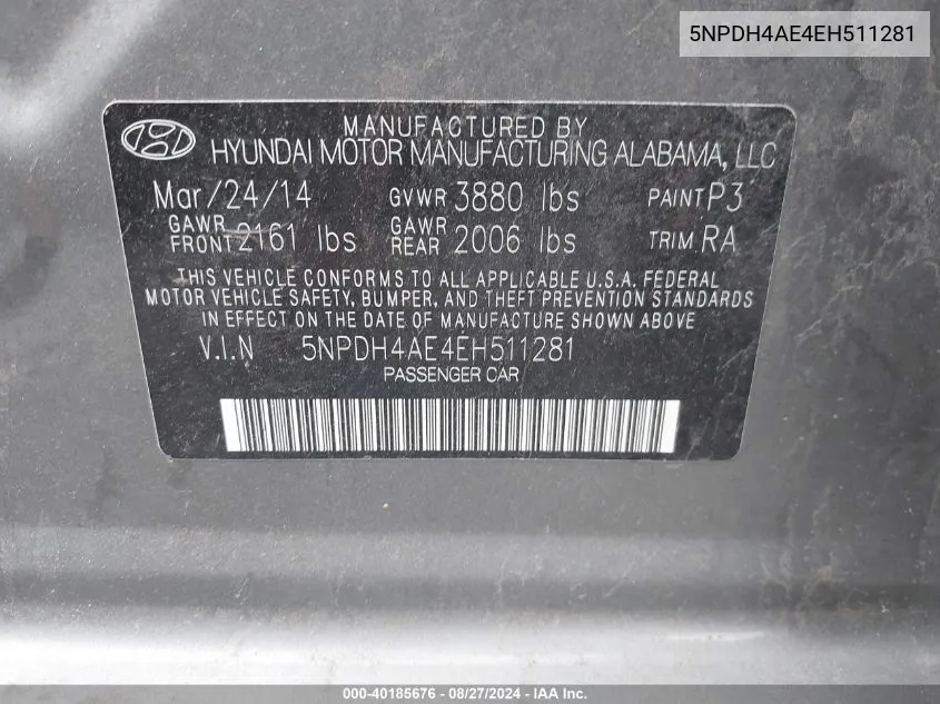 5NPDH4AE4EH511281 2014 Hyundai Elantra Se