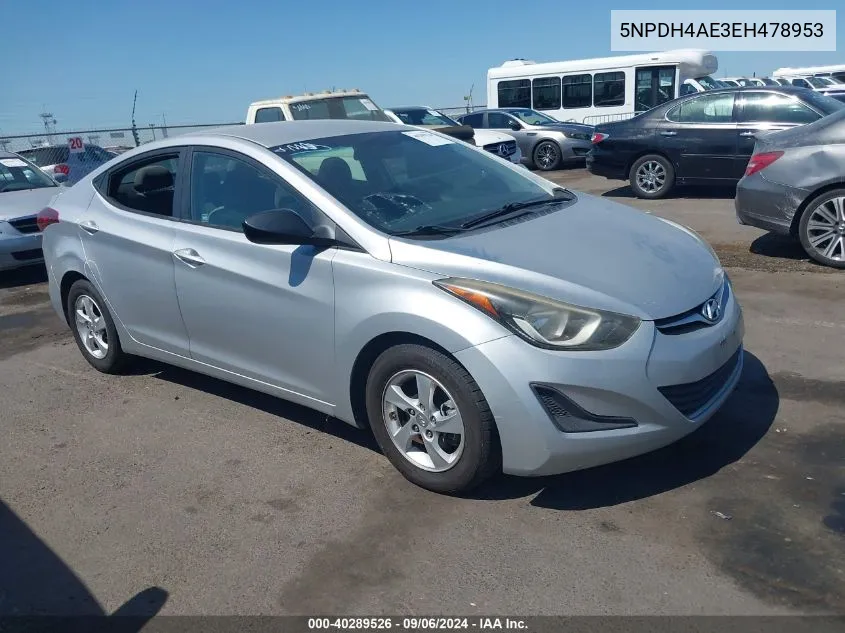 2014 Hyundai Elantra Se VIN: 5NPDH4AE3EH478953 Lot: 40289526