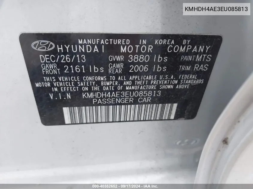 KMHDH4AE3EU085813 2014 Hyundai Elantra Se/Sport/Limited