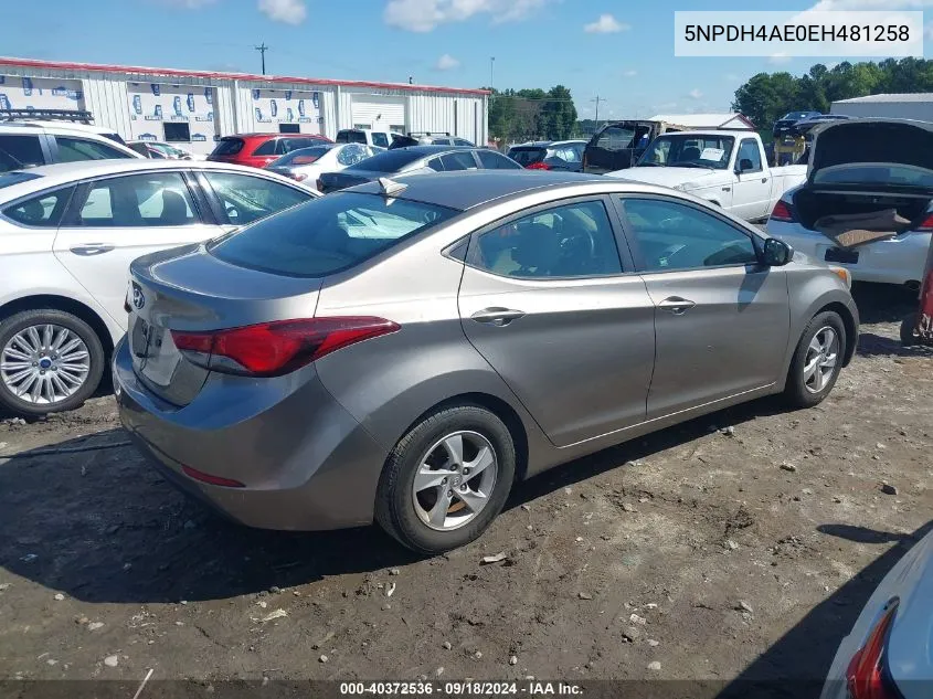 2014 Hyundai Elantra Se/Sport/Limited VIN: 5NPDH4AE0EH481258 Lot: 40372536