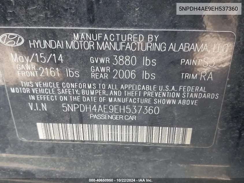 5NPDH4AE9EH537360 2014 Hyundai Elantra Se