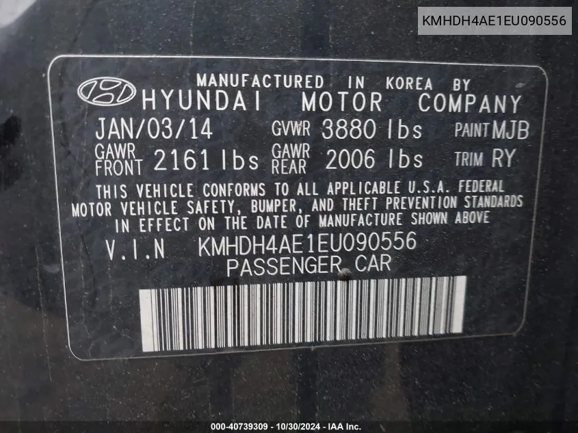 2014 Hyundai Elantra Limited VIN: KMHDH4AE1EU090556 Lot: 40739309