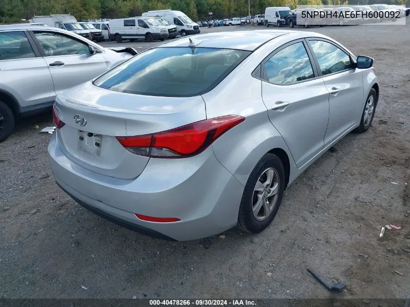 2015 Hyundai Elantra Se VIN: 5NPDH4AE6FH600092 Lot: 40478266