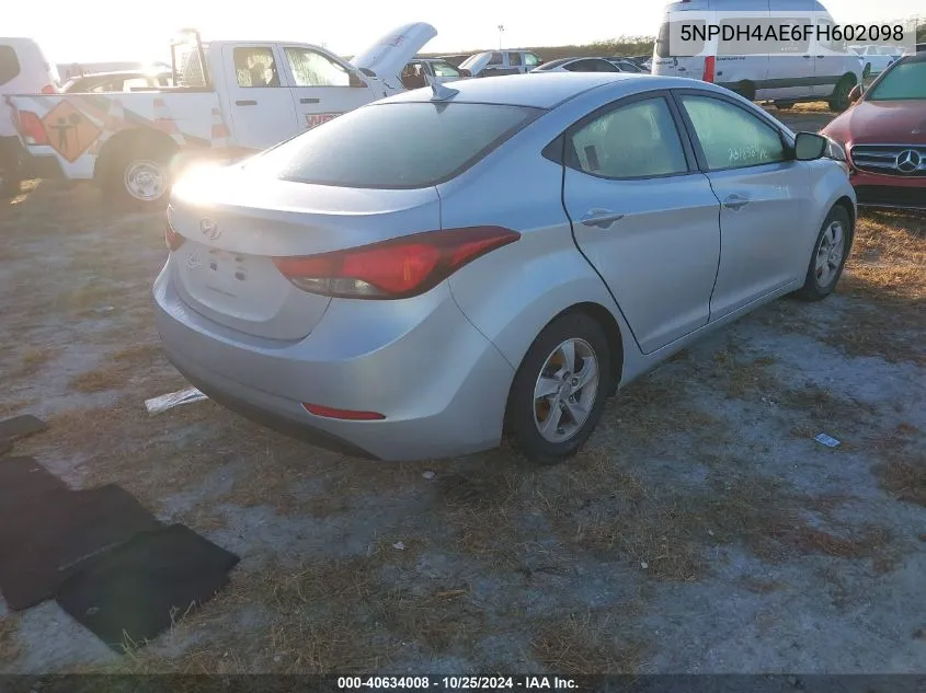 2015 Hyundai Elantra Se/Sport/Limited VIN: 5NPDH4AE6FH602098 Lot: 40634008