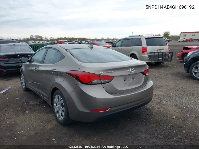 2016 Hyundai Elantra Gl VIN: 5NPDH4AE4GH696192 Lot: 12132526