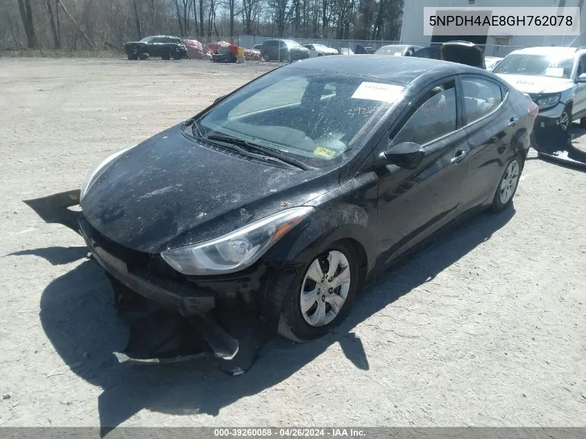 2016 Hyundai Elantra Se VIN: 5NPDH4AE8GH762078 Lot: 39260058