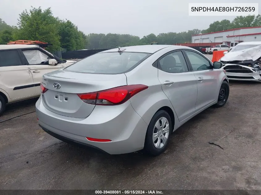 2016 Hyundai Elantra Se VIN: 5NPDH4AE8GH726259 Lot: 39408081