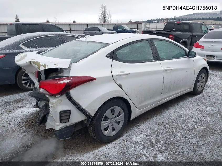 2016 Hyundai Elantra Se VIN: 5NPDH4AE4GH756018 Lot: 39844370