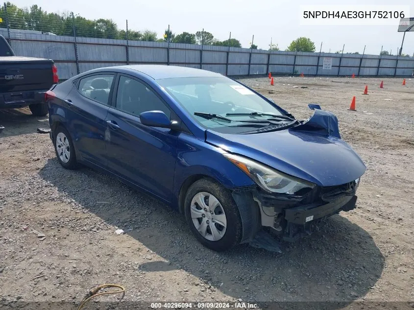 2016 Hyundai Elantra Se VIN: 5NPDH4AE3GH752106 Lot: 40296094